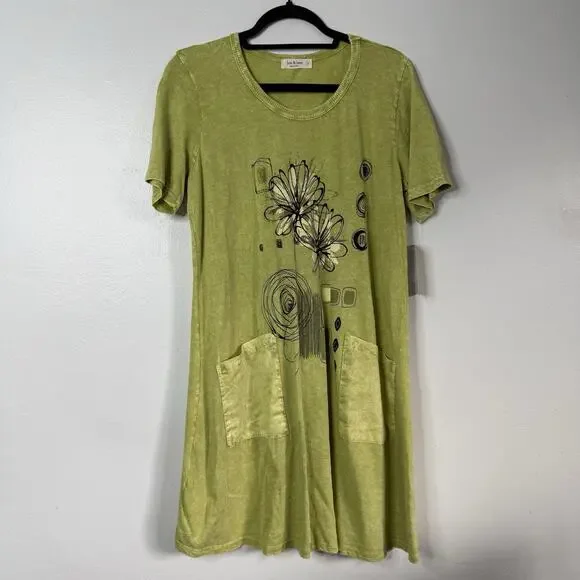 Jess & Jane Green Abstract Floral Cotton Dress Pockets Size Small USA Boho Artsy - Picture 5 of 9